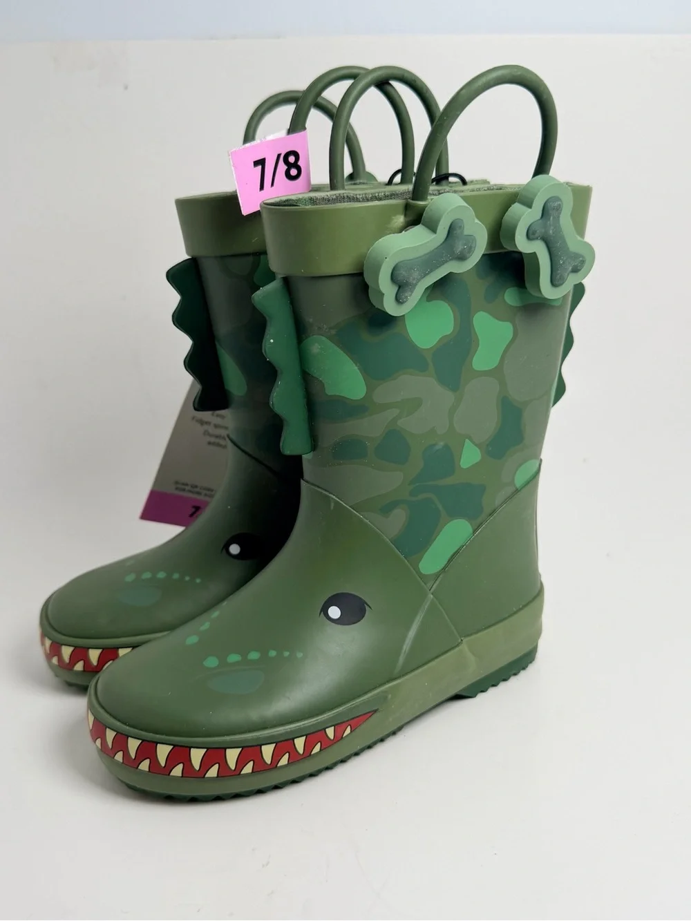 Kids Green Dino Camo Rain Boots with Pull Handles